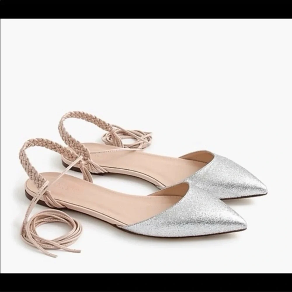 J Crew pointed toe glitter silver flats lace up sz 7